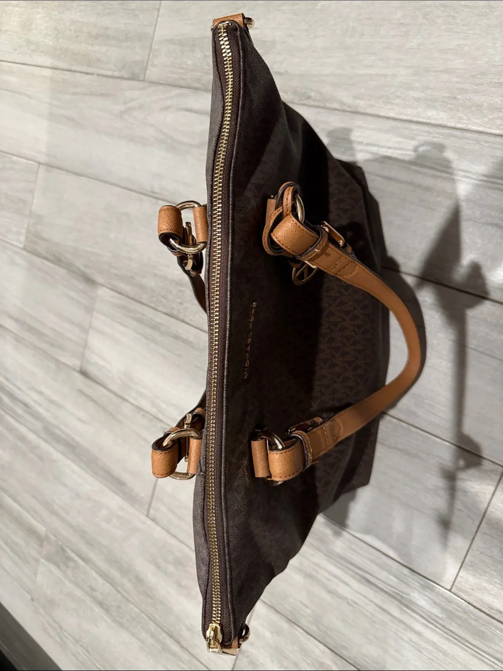 Michael Kors Brown Logo-Print Tote with Tan Straps